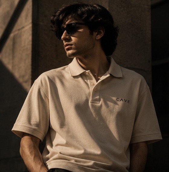 Man in sunglasses wearing the CAVE sand piqué polo in evening light