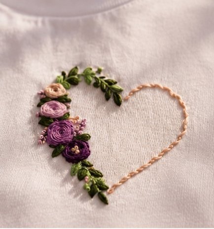 Hand embroidered heart of roses on a white tee